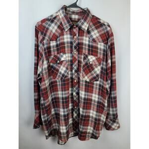 Vintage 90's Roebuck's Men's Pearl Snap Plaid Red Blue Ivory Shirt Large 16-16.5